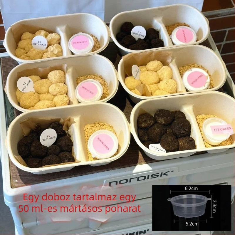 Mochi csomagoló doboz két rekesszel, cellulóz alapanyagból, fagyasztóbarát, tálca a mártáshoz