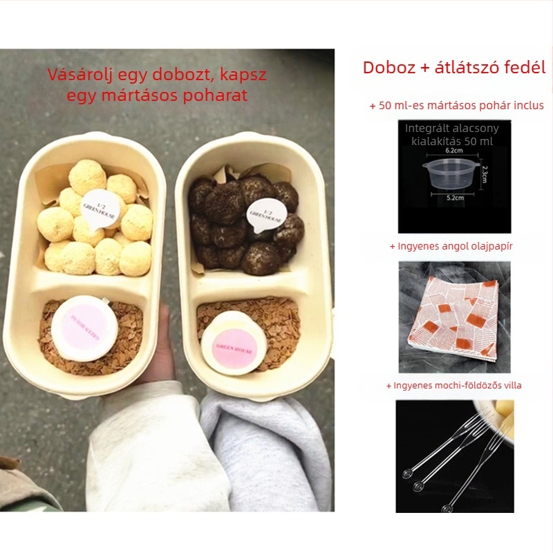 Mochi csomagoló doboz két rekesszel, cellulóz alapanyagból, fagyasztóbarát, tálca a mártáshoz