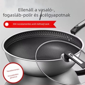 Wok 304 rozsdamentes acélból, bevonat nélkül, sík aljzatú, üvegfedővel, általános gázsütőkhöz kompatibilis