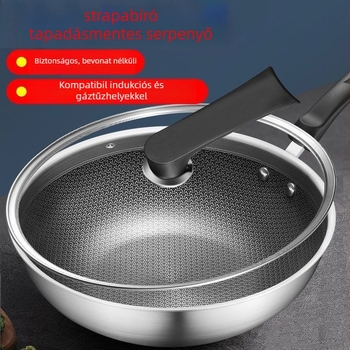 Wok 304 rozsdamentes acélból, bevonat nélkül, sík aljzatú, üvegfedővel, általános gázsütőkhöz kompatibilis