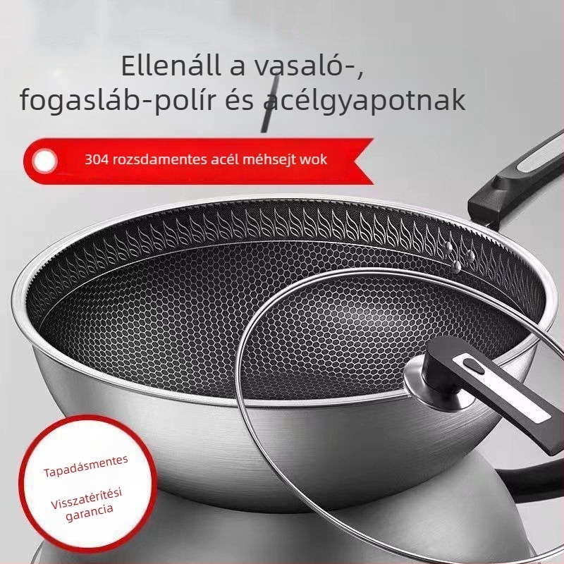 Wok 304 rozsdamentes acélból, bevonat nélkül, sík aljzatú, üvegfedővel, általános gázsütőkhöz kompatibilis