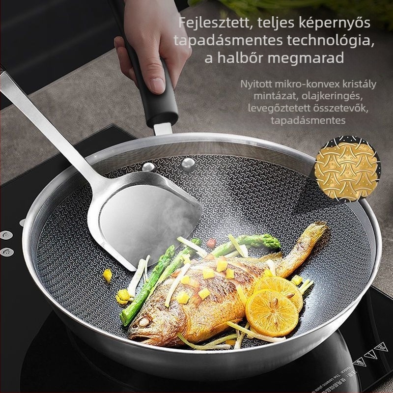 Wok 304 rozsdamentes acélból, bevonat nélkül, sík aljzatú, üvegfedővel, általános gázsütőkhöz kompatibilis