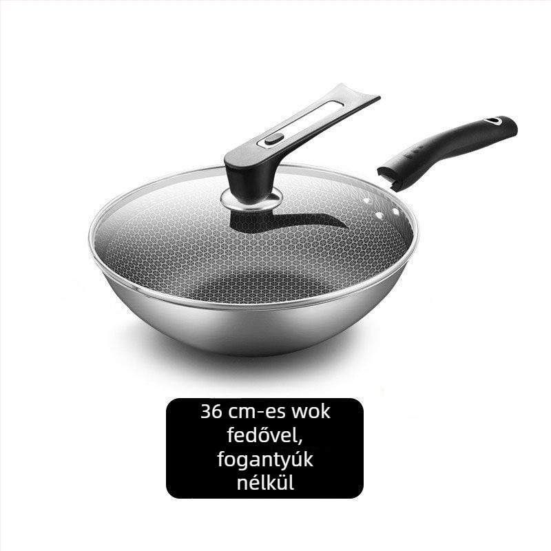 Wok 304 rozsdamentes acélból, bevonat nélkül, sík aljzatú, üvegfedővel, általános gázsütőkhöz kompatibilis