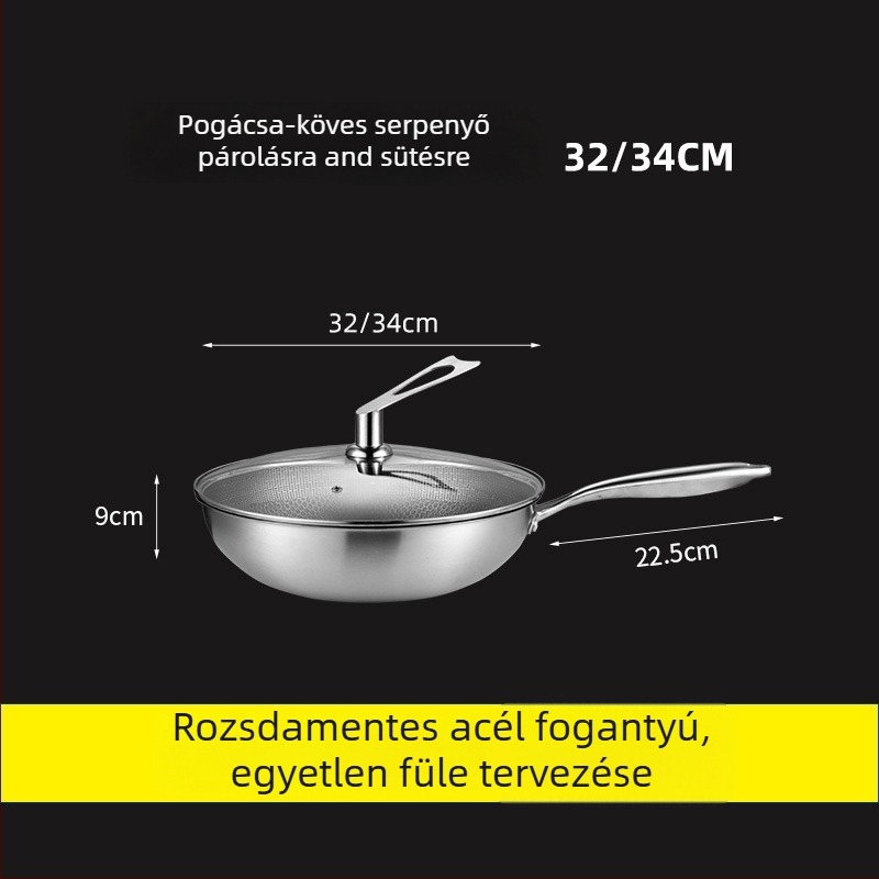 Rozsdamentes acél wok, 400-as sorozat, egyetlen aljzat, 9 cm mélység, üvegfedő