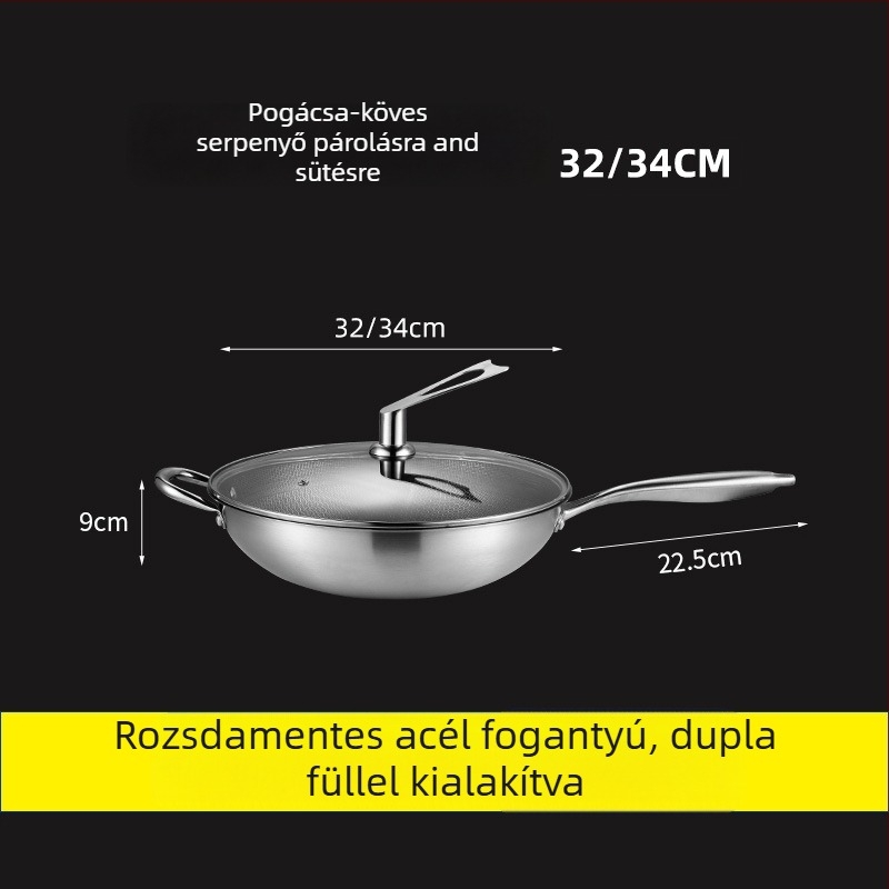 Rozsdamentes acél wok, 400-as sorozat, egyetlen aljzat, 9 cm mélység, üvegfedő