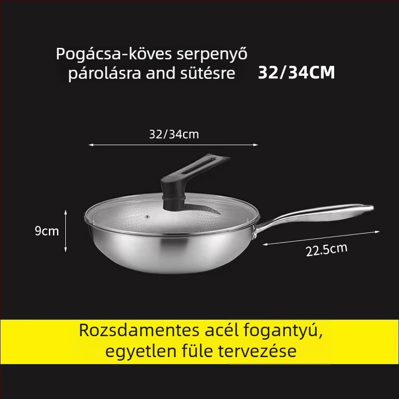 Rozsdamentes acél wok, 400-as sorozat, egyetlen aljzat, 9 cm mélység, üvegfedő