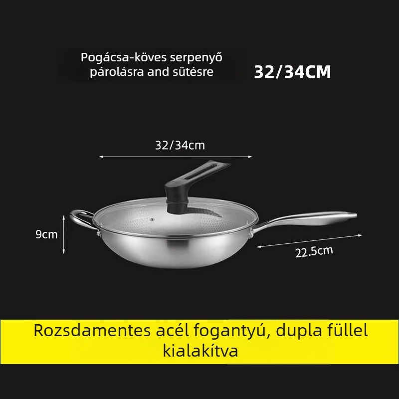 Rozsdamentes acél wok, 400-as sorozat, egyetlen aljzat, 9 cm mélység, üvegfedő