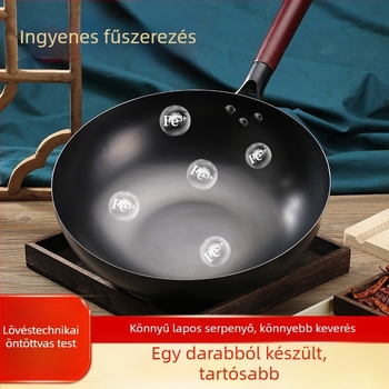 Wok finomított vasból, indukciós tűzhelyhez kompatibilis, 9,4 cm mély, egyaljú alappal, rozsdától ellenálló