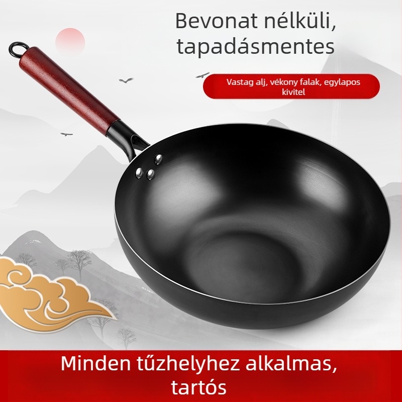 Wok finomított vasból, indukciós tűzhelyhez kompatibilis, 9,4 cm mély, egyaljú alappal, rozsdától ellenálló