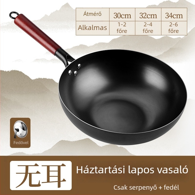 Wok finomított vasból, indukciós tűzhelyhez kompatibilis, 9,4 cm mély, egyaljú alappal, rozsdától ellenálló