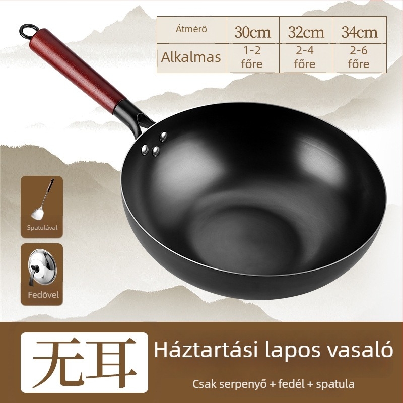 Wok finomított vasból, indukciós tűzhelyhez kompatibilis, 9,4 cm mély, egyaljú alappal, rozsdától ellenálló