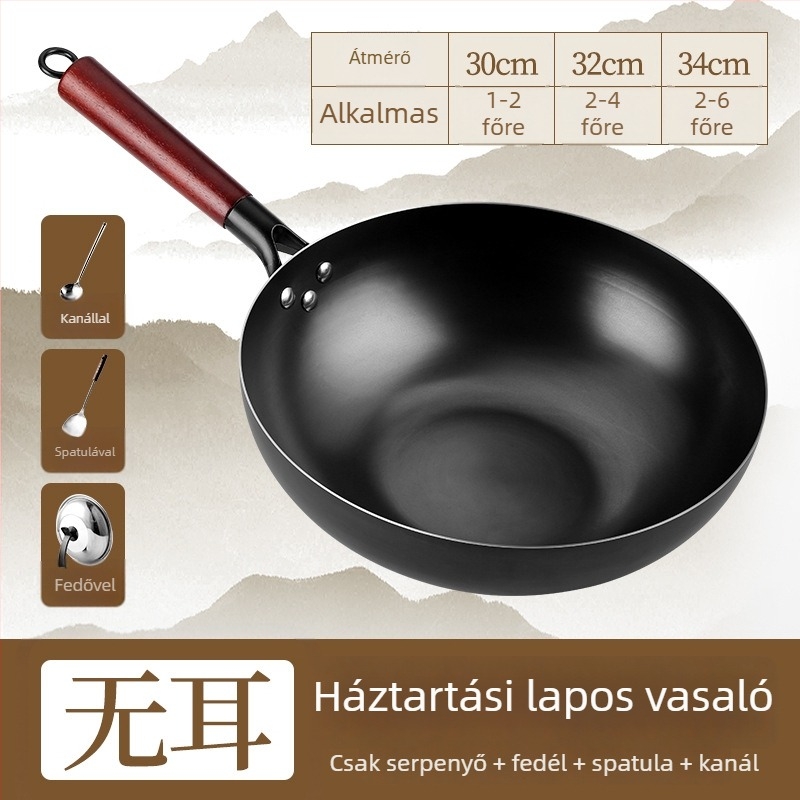 Wok finomított vasból, indukciós tűzhelyhez kompatibilis, 9,4 cm mély, egyaljú alappal, rozsdától ellenálló