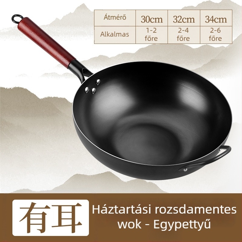 Wok finomított vasból, indukciós tűzhelyhez kompatibilis, 9,4 cm mély, egyaljú alappal, rozsdától ellenálló
