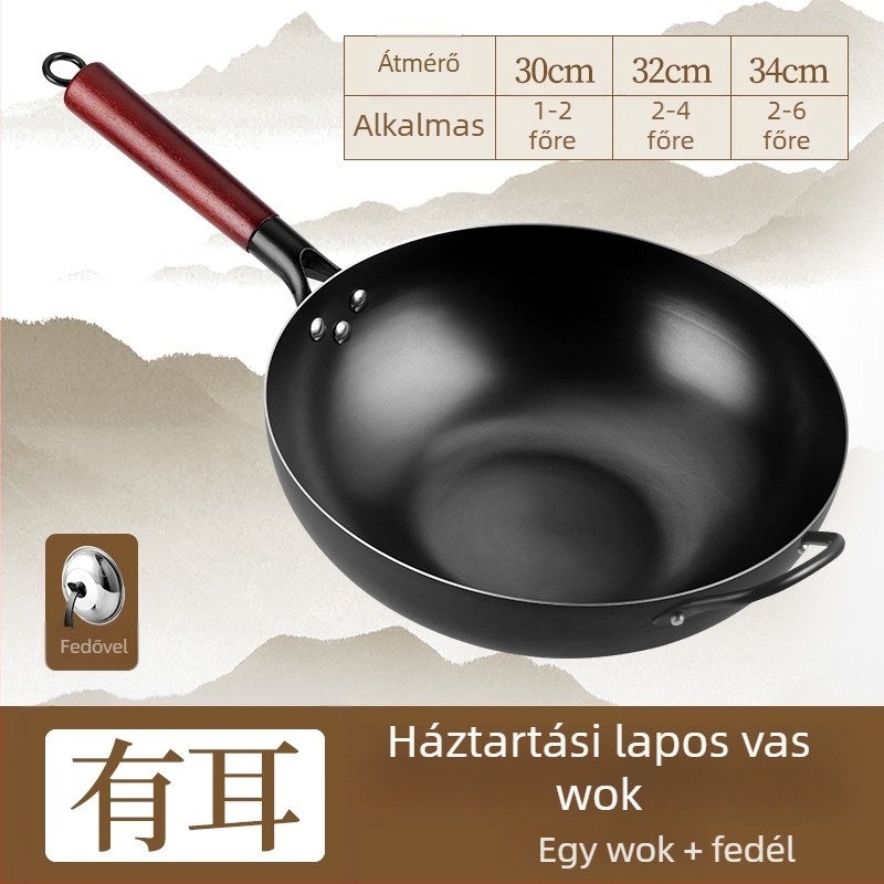 Wok finomított vasból, indukciós tűzhelyhez kompatibilis, 9,4 cm mély, egyaljú alappal, rozsdától ellenálló