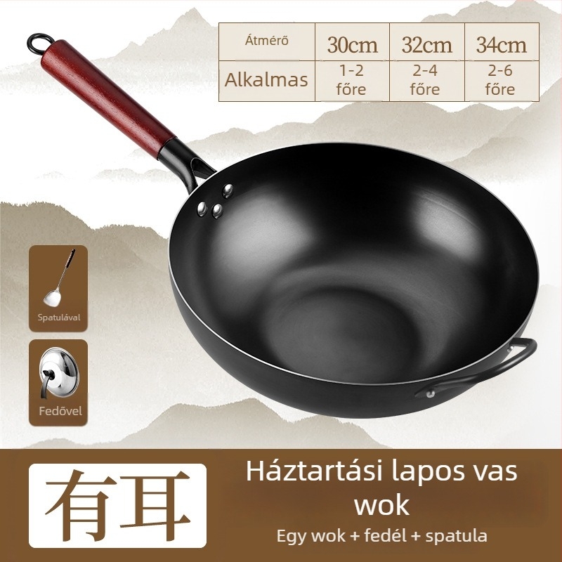 Wok finomított vasból, indukciós tűzhelyhez kompatibilis, 9,4 cm mély, egyaljú alappal, rozsdától ellenálló