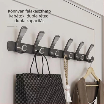 Ragasztós ruhafogas az ajtó fölé, lyukasztás nélkül, szénacél + ABS, modern minimalista stílus, három vagy több soros kampók, 3-5 kg teherbírás
