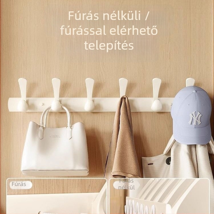 Ragasztós ruhafogas az ajtó fölé, lyukasztás nélkül, szénacél + ABS, modern minimalista stílus, három vagy több soros kampók, 3-5 kg teherbírás