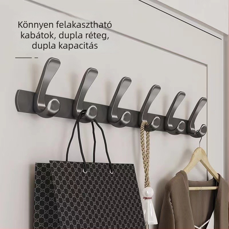 Ragasztós ruhafogas az ajtó fölé, lyukasztás nélkül, szénacél + ABS, modern minimalista stílus, három vagy több soros kampók, 3-5 kg teherbírás