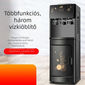 Függőleges forró–hideg vízadagoló háztartási használatra, jégkészítő funkcióval és felülről tölthető palacktartóval