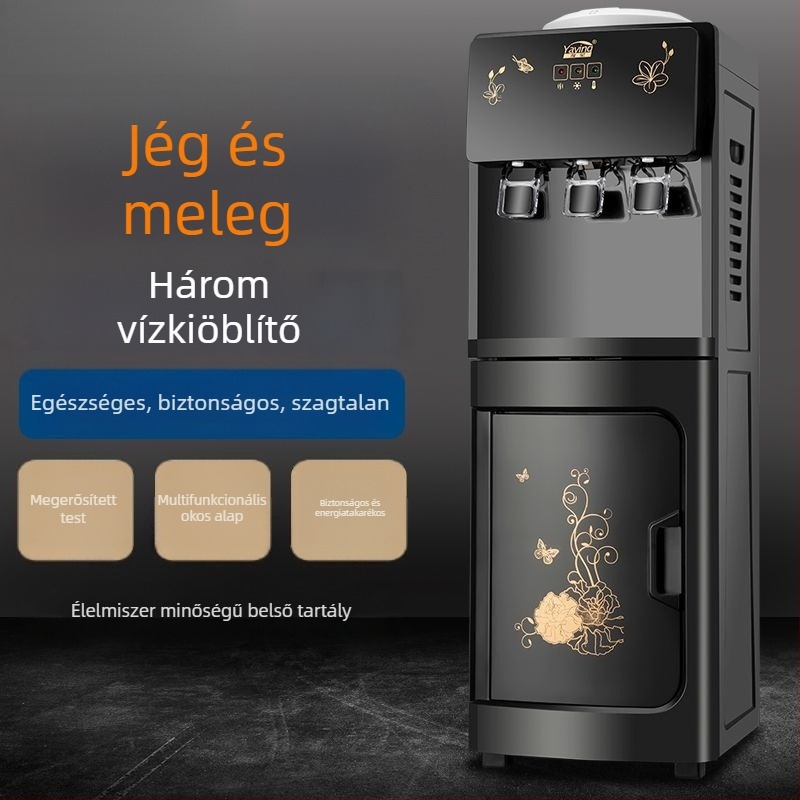 Függőleges forró–hideg vízadagoló háztartási használatra, jégkészítő funkcióval és felülről tölthető palacktartóval