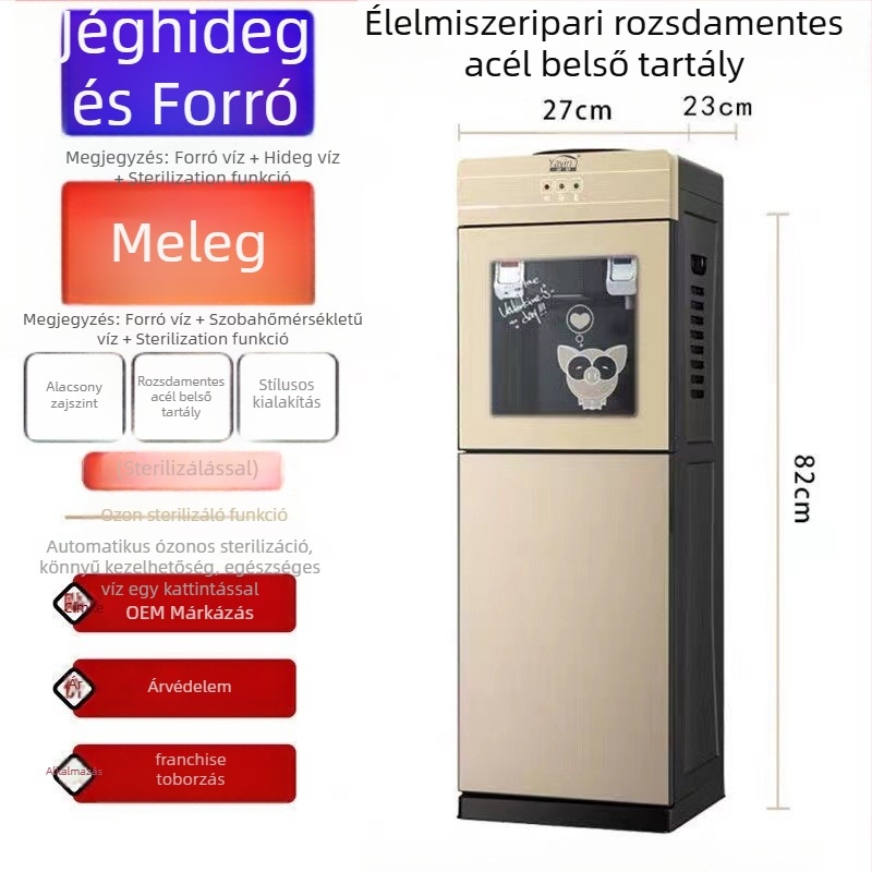 Függőleges forró–hideg vízadagoló háztartási használatra, jégkészítő funkcióval és felülről tölthető palacktartóval