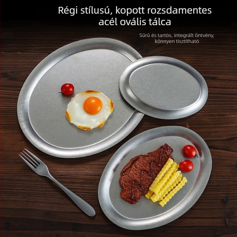 Rozsdamentes acél tál – Retro stílus, kerek, egységes mintázat, elektroplattolt felület, Mikrohullámú sütőben használható