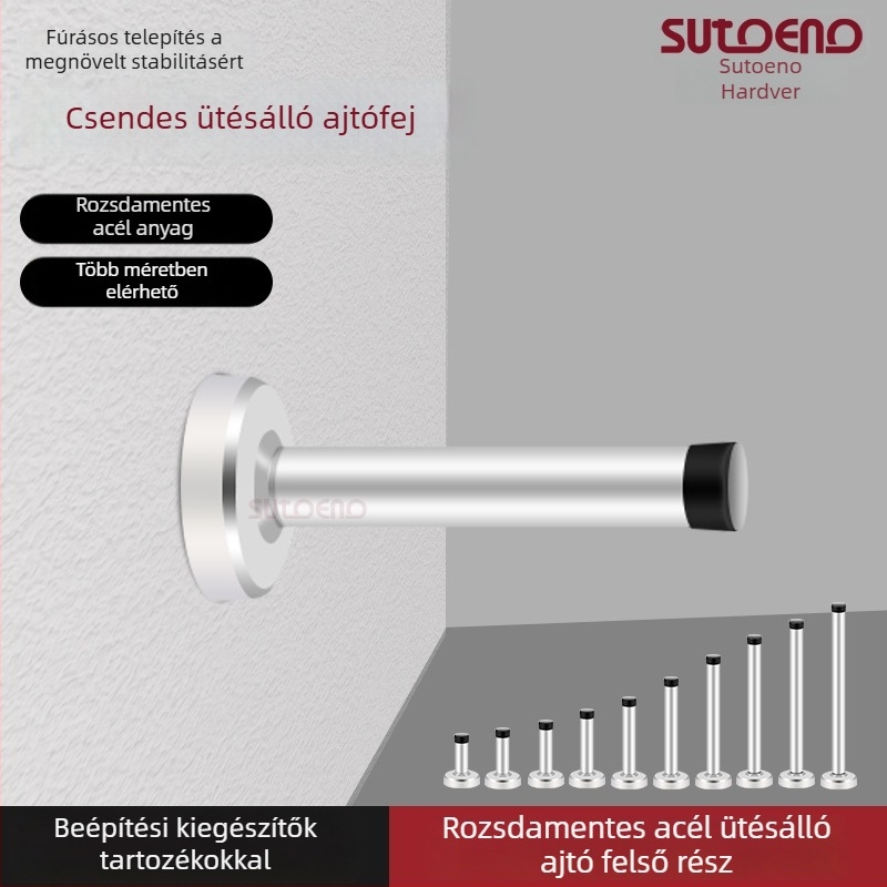 Rozsdamentes acél ajtóstop — falra szerelve, meghosszabbított felső rész, ütközésgátló henger, csillapító, csendes működés