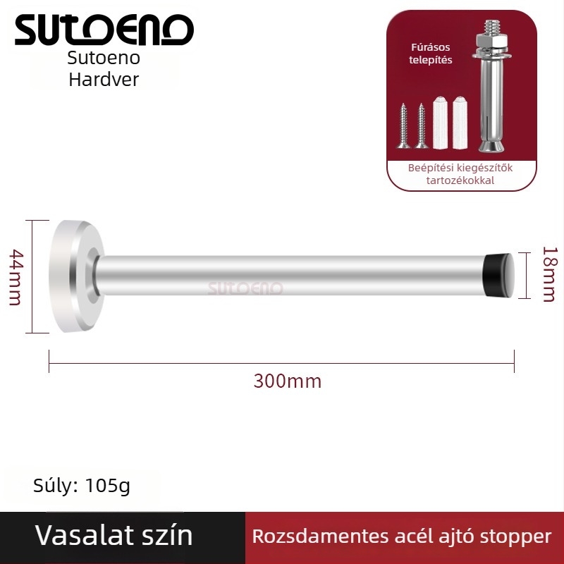 Rozsdamentes acél ajtóstop — falra szerelve, meghosszabbított felső rész, ütközésgátló henger, csillapító, csendes működés
