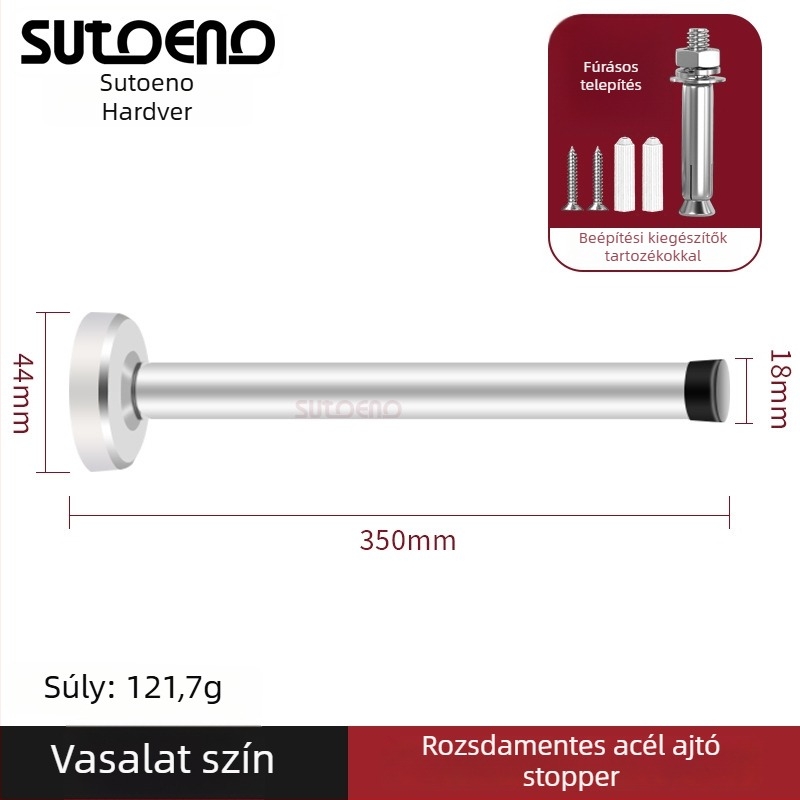 Rozsdamentes acél ajtóstop — falra szerelve, meghosszabbított felső rész, ütközésgátló henger, csillapító, csendes működés