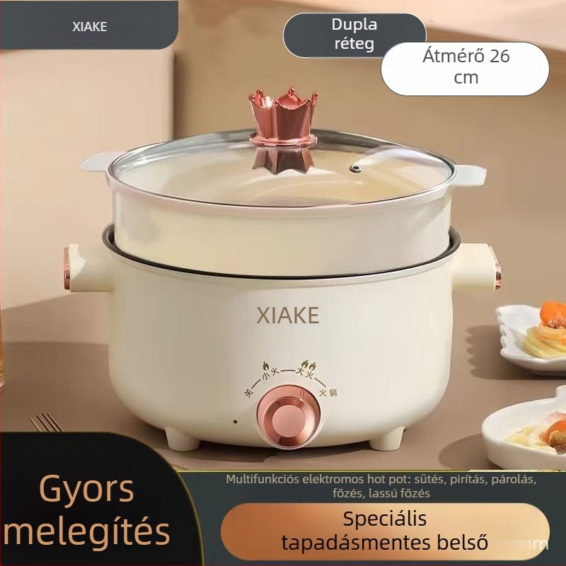 Xianke Mindent egyben elektromos főzőedény – gőzölésre és wok funkcióval, 2 szintes belső, rozsdamentes acél, kompakt a kollégiumi szobába, tészta és hot pot főzéshez