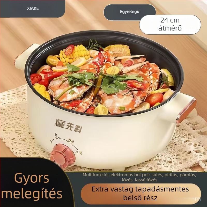 Xianke Mindent egyben elektromos főzőedény – gőzölésre és wok funkcióval, 2 szintes belső, rozsdamentes acél, kompakt a kollégiumi szobába, tészta és hot pot főzéshez