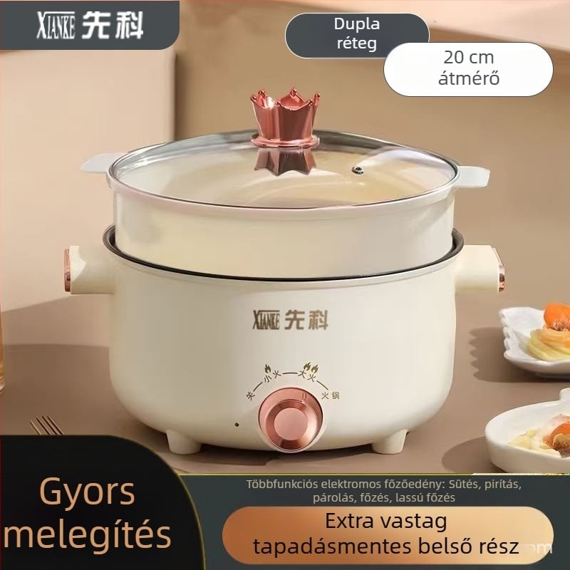 Xianke Mindent egyben elektromos főzőedény – gőzölésre és wok funkcióval, 2 szintes belső, rozsdamentes acél, kompakt a kollégiumi szobába, tészta és hot pot főzéshez