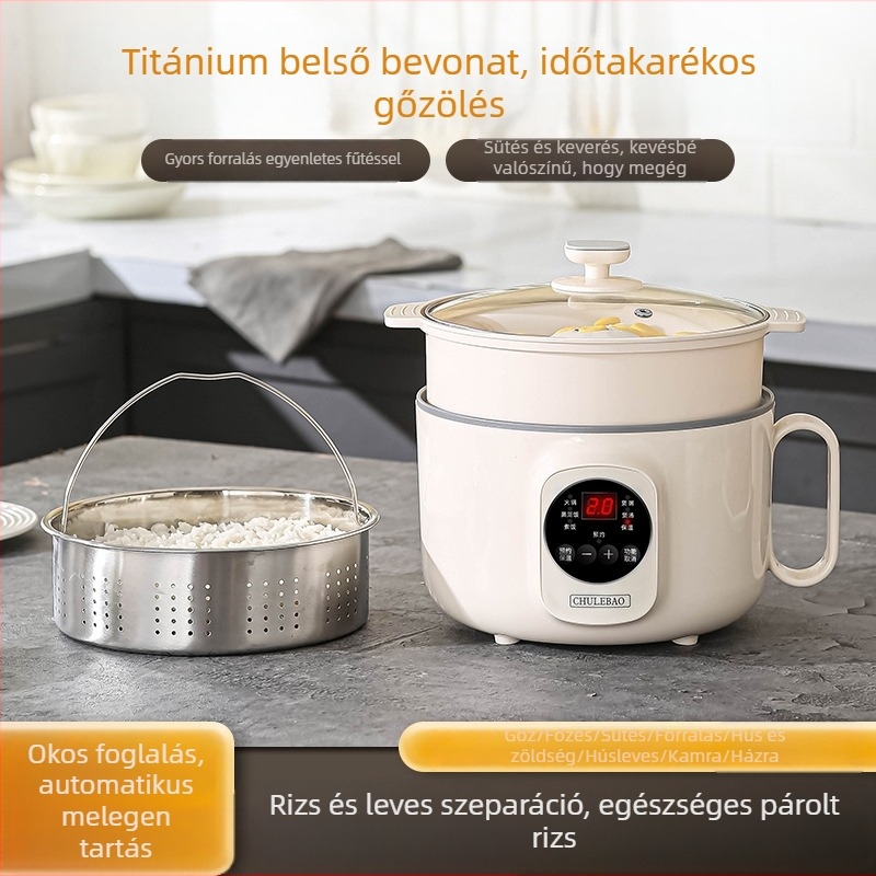 Mindenre alkalmas elektromos főzőedény titánium belsővel rizshez, zabhoz és leveshez — kapacitás legfeljebb 2 L, kétszintes kialakítás, mikroprocesszoros vezérlés, szigetelt