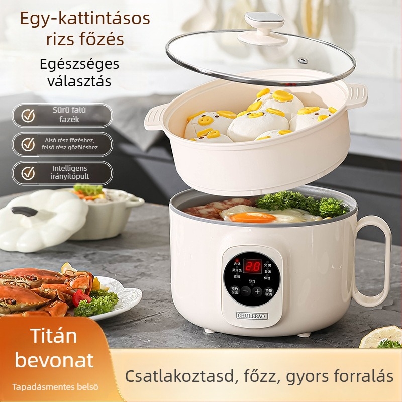 Mindenre alkalmas elektromos főzőedény titánium belsővel rizshez, zabhoz és leveshez — kapacitás legfeljebb 2 L, kétszintes kialakítás, mikroprocesszoros vezérlés, szigetelt