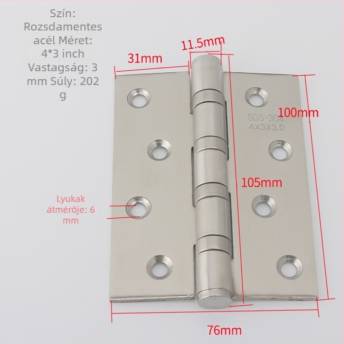 Rozsdamentes acél sík ajtózsanér, 4 hüvelyk, modell 1509, alkalmas ajtókhoz és szekrényekhez, csendes működés