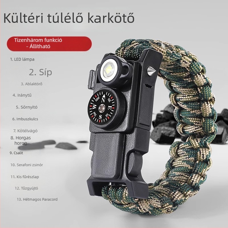 Kültéri túlélő karkötő, 13 az 1-ben, paracordos túlélő eszköz