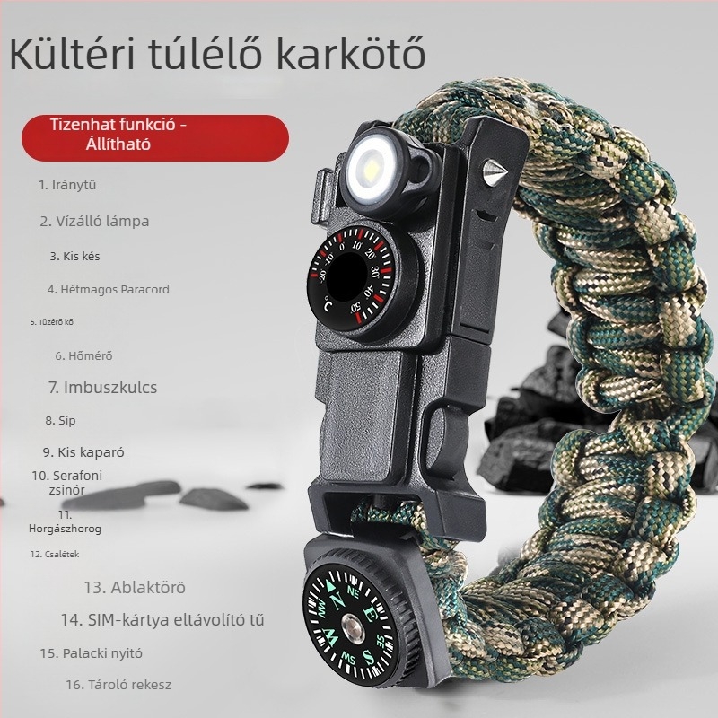 Kültéri túlélő karkötő, 13 az 1-ben, paracordos túlélő eszköz