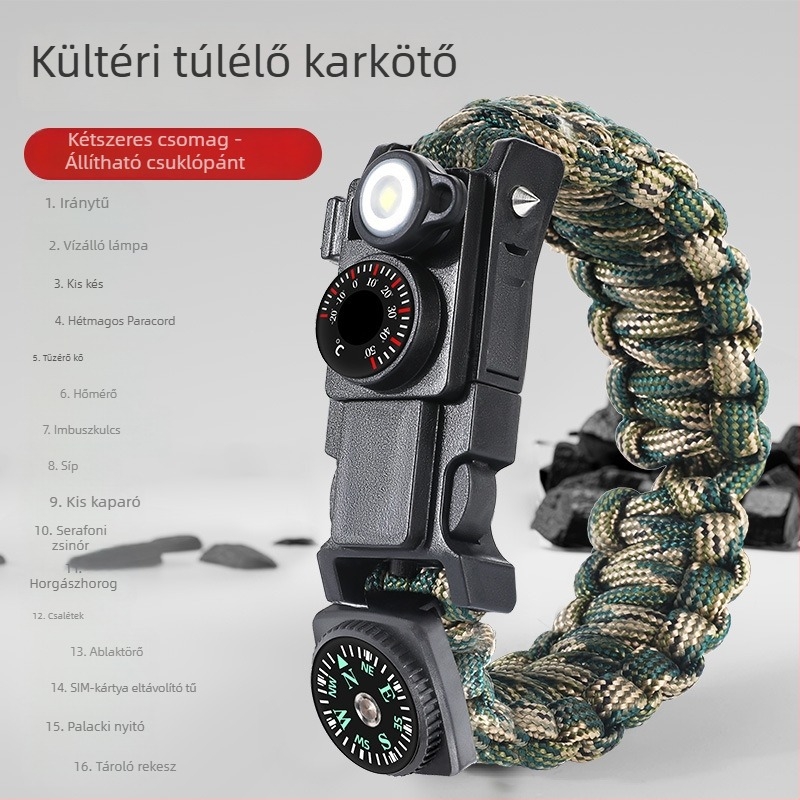 Kültéri túlélő karkötő, 13 az 1-ben, paracordos túlélő eszköz