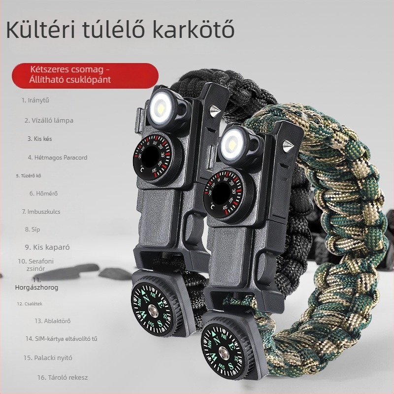Kültéri túlélő karkötő, 13 az 1-ben, paracordos túlélő eszköz