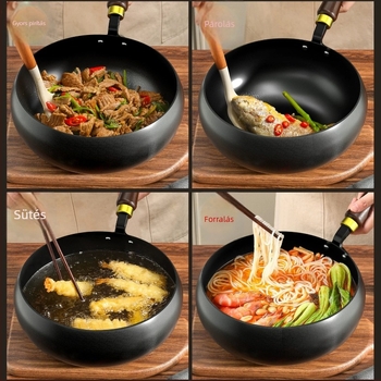 Kovácsolt vasból készült wok, koreai stílus, egyetlen aljzattal, üvegfedél