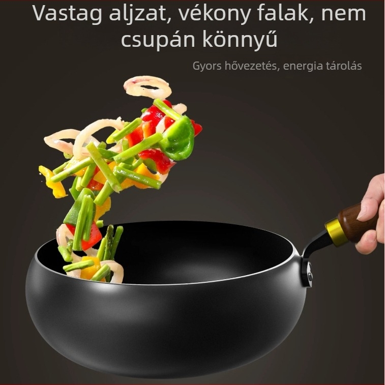 Kovácsolt vasból készült wok, koreai stílus, egyetlen aljzattal, üvegfedél