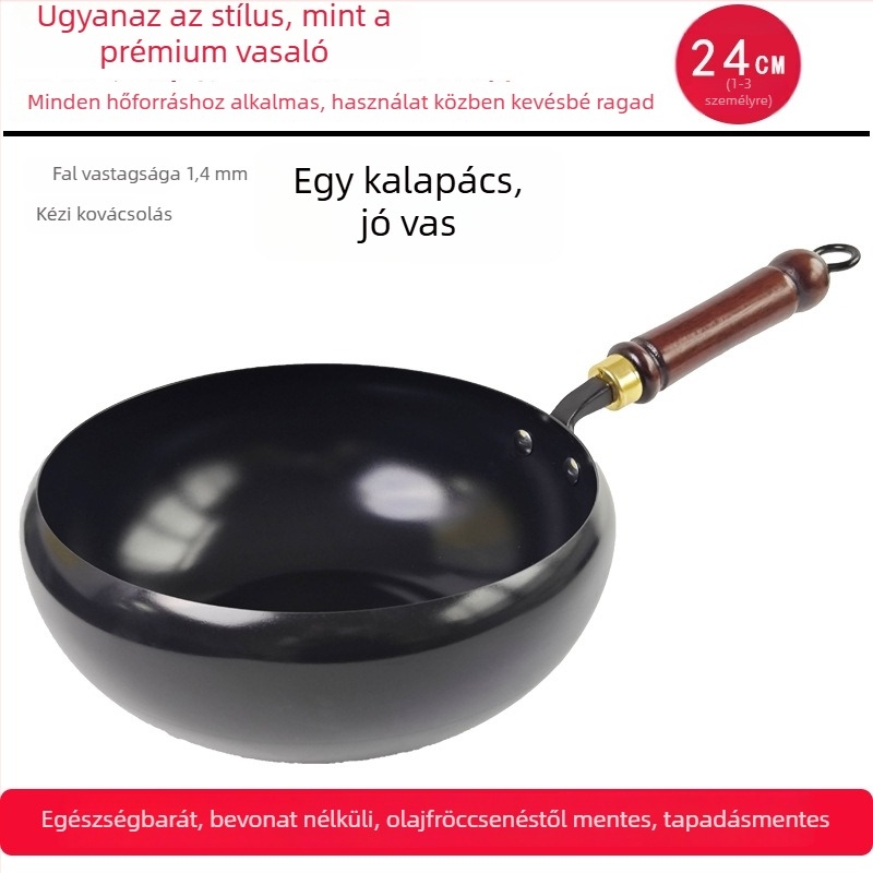 Kovácsolt vasból készült wok, koreai stílus, egyetlen aljzattal, üvegfedél