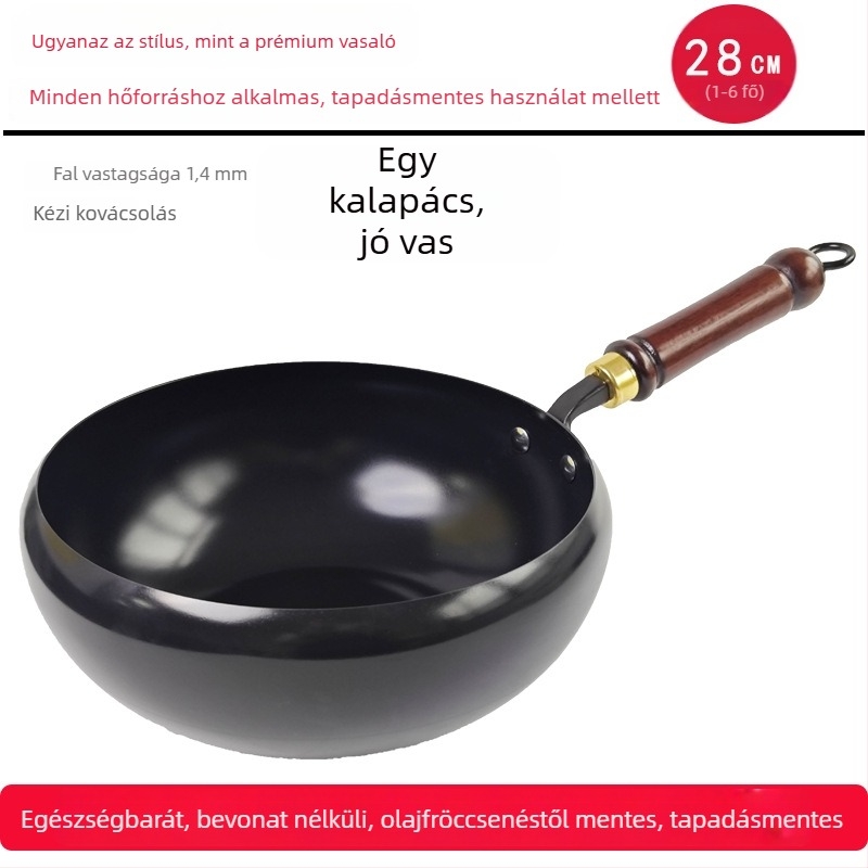 Kovácsolt vasból készült wok, koreai stílus, egyetlen aljzattal, üvegfedél