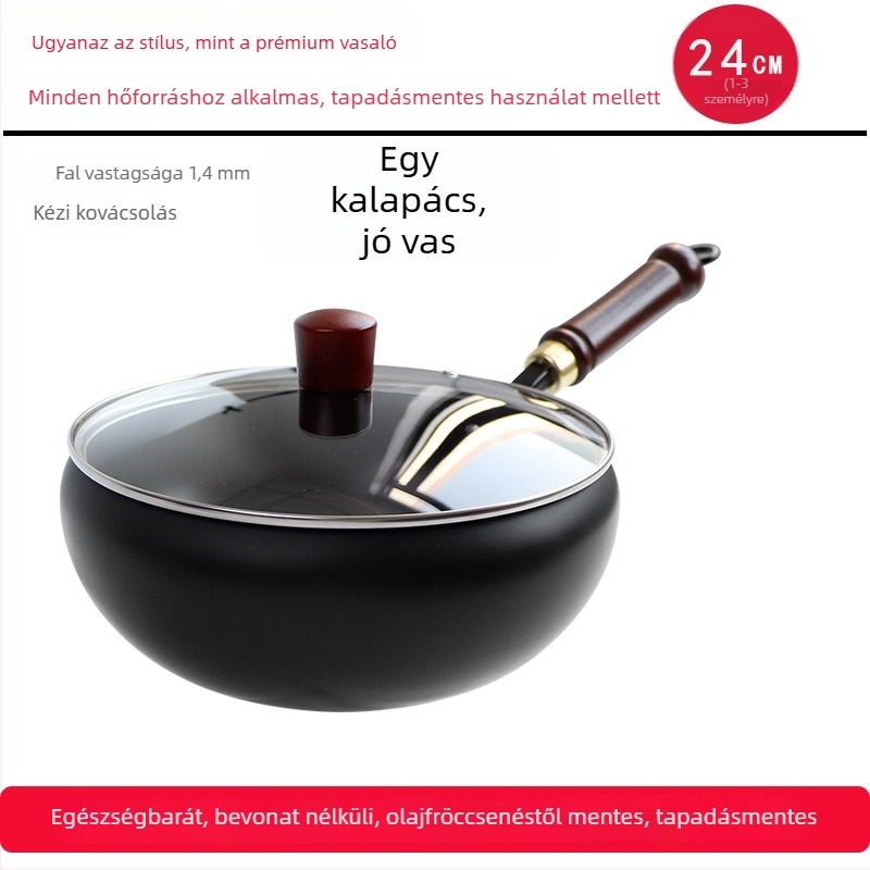 Kovácsolt vasból készült wok, koreai stílus, egyetlen aljzattal, üvegfedél