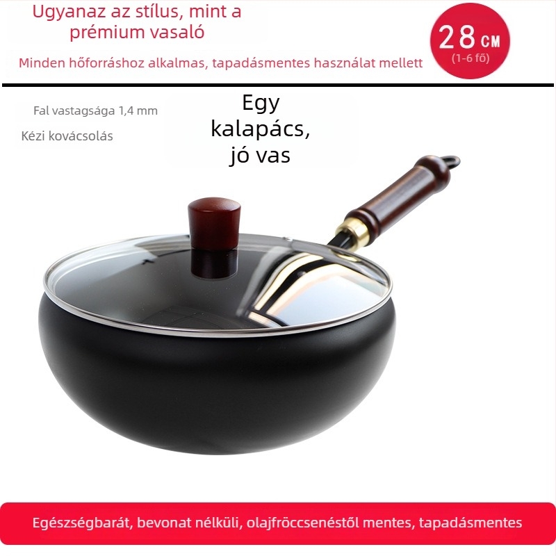 Kovácsolt vasból készült wok, koreai stílus, egyetlen aljzattal, üvegfedél