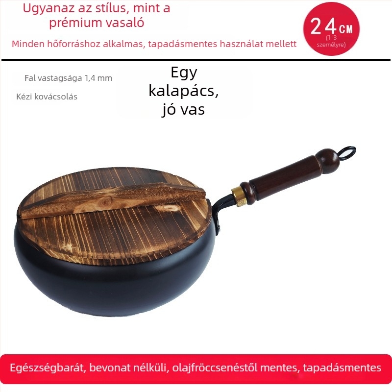 Kovácsolt vasból készült wok, koreai stílus, egyetlen aljzattal, üvegfedél