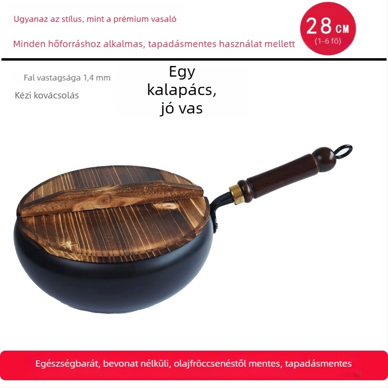 Kovácsolt vasból készült wok, koreai stílus, egyetlen aljzattal, üvegfedél