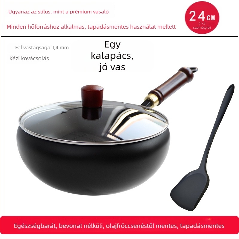 Kovácsolt vasból készült wok, koreai stílus, egyetlen aljzattal, üvegfedél