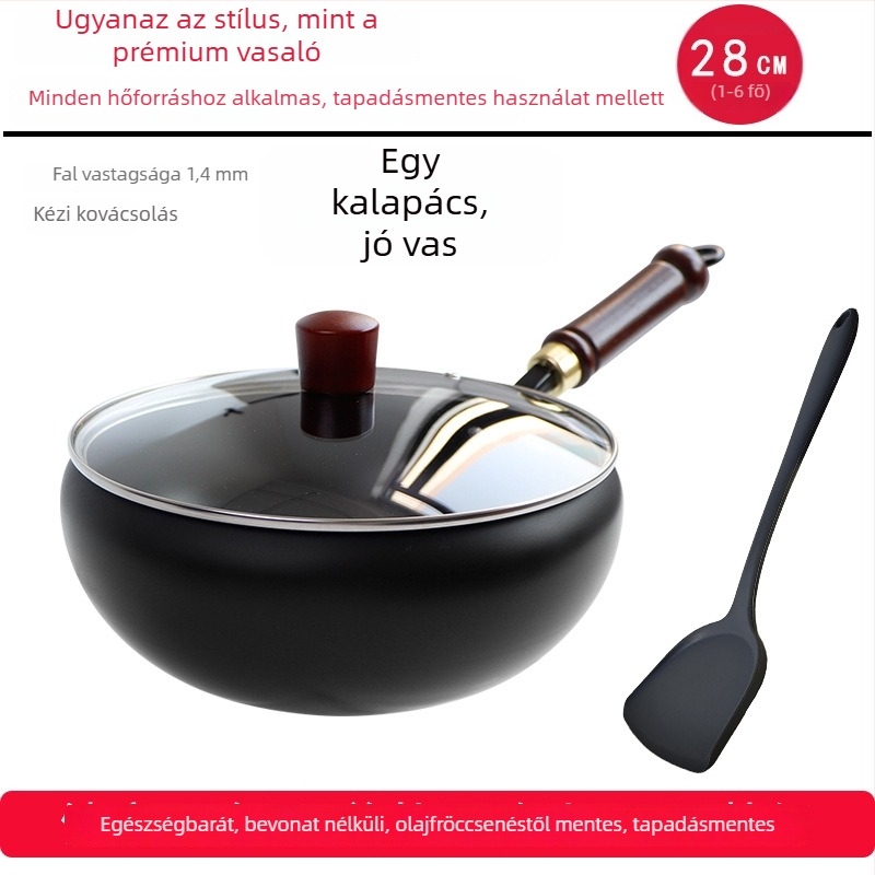 Kovácsolt vasból készült wok, koreai stílus, egyetlen aljzattal, üvegfedél