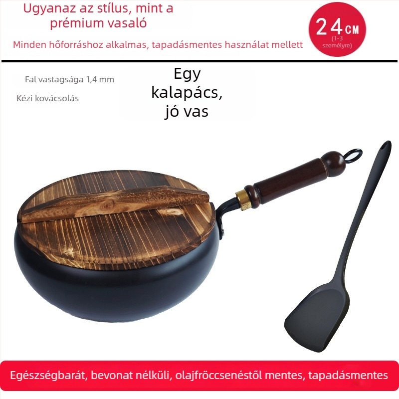 Kovácsolt vasból készült wok, koreai stílus, egyetlen aljzattal, üvegfedél